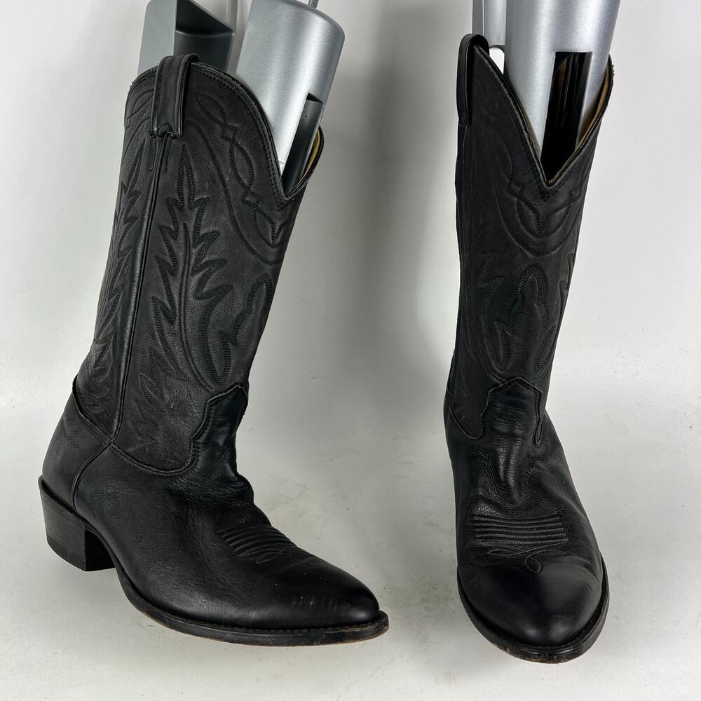 Nocona Cowboy Boots Men's 8 Black Leather Embroidery Stitch Mid-Calf Western